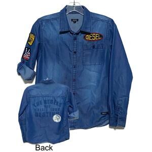 Diesel The Rebels Only The Brave Patches Blue Mechanic Button Shirt Boys M Y2K